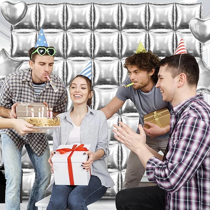 50 PCS Metallic Silver Square Foil Balloons Wall Backdrop 19'' Reusable DIY Mylar Balloon Tunnel Arch Kit for Birthday Engagement Bridal Baby Shower Graduation Bachelorette Party Decor