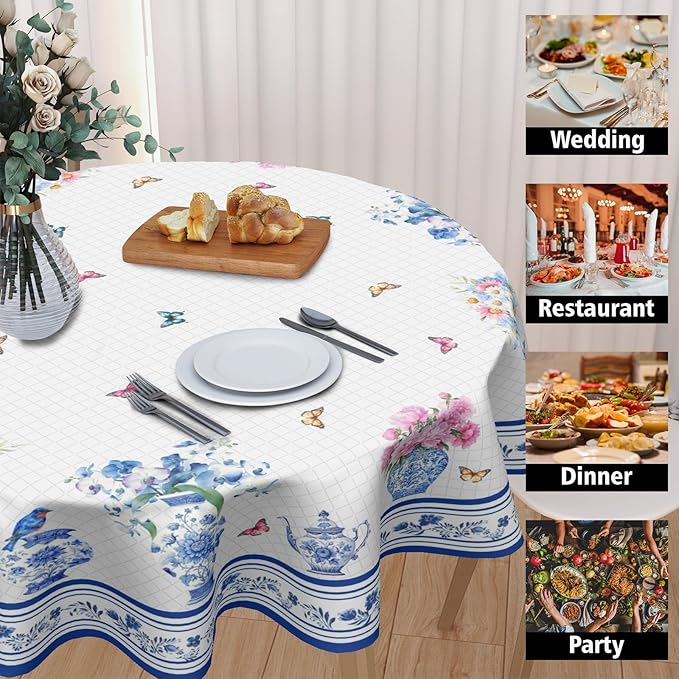 Spring Summer Round Tablecloth Blue Vase Floral Circle Table Cloth 70 Inch Chinoiserie Farmhouse Table Cover Washable Polyester Indoor Decorations for Home Kitchen Dinning Party