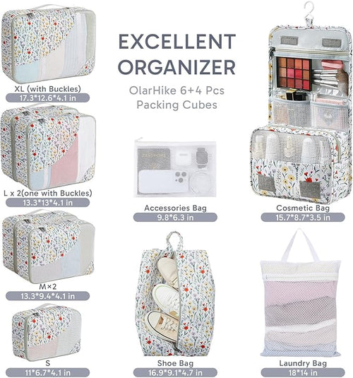 10 Set Packing Cubes for Travel, Gifts for Women Mom,Anti-Tearing Suitcase Organizer for Luggage with Shoe & Hanging Toiletry Bag,OlarHike Vacation Essentials & Accessories for Cruise Ship