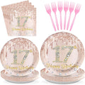 96 PCS 17th Birthday Party Decorations Rose Gold 17 Years Old Birthday Party Plates and Napkins Disposable 17th Birthday Paper Tableware Set for Girls Seventeen Birthday Party Supplies, Serves 24