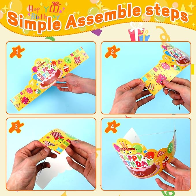 144 PCS Birthday Crowns for Kids Classroom Include 36 Colorful Birthday Paper Hats with Elastic Band 36 Badge Stickers 36 Slap Bracelets and 36 pencils for Classroom School Party Supplies