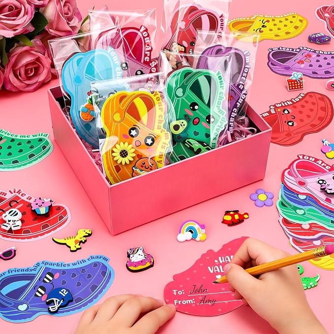 152 Pcs Valentines Day Cards Sets for Kids School Valentines Classroom Gifts for Kids 50 Pcs Bulk Exchange Card with 102 Pcs Shoe Charms for Boys Girls Toddlers Valentine Party Class Favors