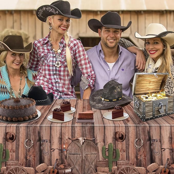 Western Party Tablecloths, 54 x 108 Inch Disposable Plastic Cowboy Table Cover for Rustic Farmhouse, West Wooden House, Western Theme Birthday Decorations Outdoor Indoor Party