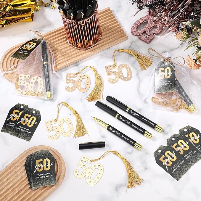 Spakon 25 Set 50th Birthday Party Favor for Guest Anniversary Party Favor Golden Birthday Bookmark Thanks for Coming Pen with Tag Appreciation Gifts for Women Men Wedding New Year