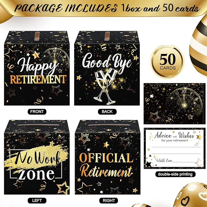 Funrous 51 Pcs Retirement Card Box Advice & Well Wishes Cards for Women Men Happy Retirement Party Decorations Going Away Party Favors(Black and Gold)