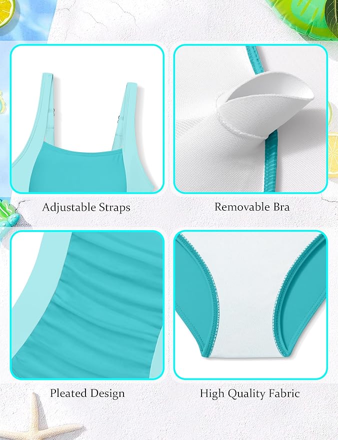 Girl Swimsuit One Piece Bathing Suit for Girls Solid Color Ruched Adjustable Straps Padded Swimwear 9-16y