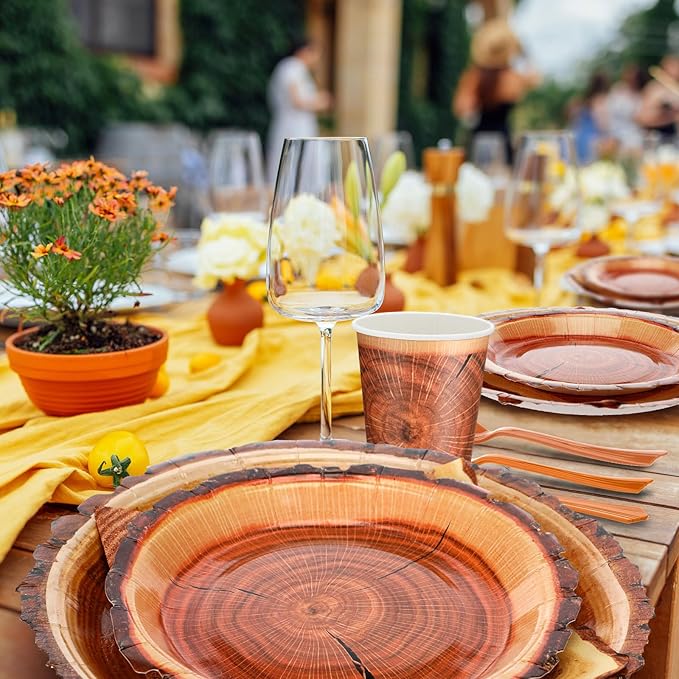 350 Pcs Camping Wood Grain Slice Tableware for 50 Guests Rustic Camo Hunter Plates Disposable Napkins Cups Plates Cutlery Hunting Plastic Knives Fork Spoon for Camping Party