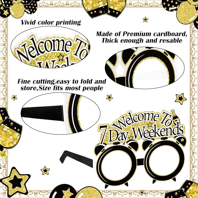 24 Pcs Retirement Party Decorations Paper Glasses and Headband Set for Men Women, Black Gold Happy Retirement Party Supplies, Funny Farewell Retired Photo Props Decor
