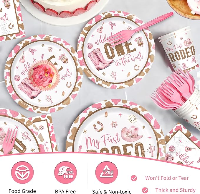 120pcs My First Rodeo Party Supplies Western Cowgirl Plates Napkins 1st Rodeo Tableware Set Paper Cups Pink Forks Western Birthday Party Decorations for Wild West Cowgirl Celebrations 24 Guests