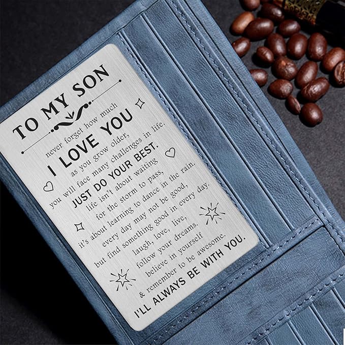 TANWIH Gifts for Son - Engraved Metal Son Wallet Card - Sons Birthday Graduation Christmas Card Gift from Mom Dad Parents