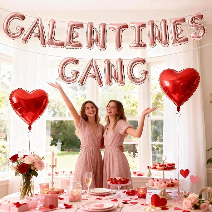Galentines Day Balloons Banner, 16 Inch Rose Gold Galentines Gang Letters Balloons Decorations 18 Inch Red Heart Foil Mylar Balloon for Women Girls Ladies Galentine's Valentines Day Party Decoration