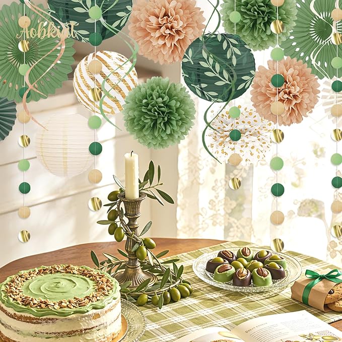 AOBKIAT Sage Green Party Decorations Kit for Birthday,Paper Decor with Flower,Lantern,Party Garland,Streamers for Netural Baby Shower,Bridal Shower,Boho Wedding,Bachelorette,Woodland Theme Parties
