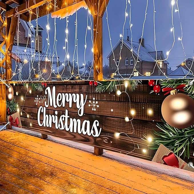 Outdoor Merry Christmas Hanging Banner 78.7x17.7 Inches Christmas House Fence Banner Decoration Holiday Party Supplies Vintage Xmas House Garaged Indoor Outside Christmas Party