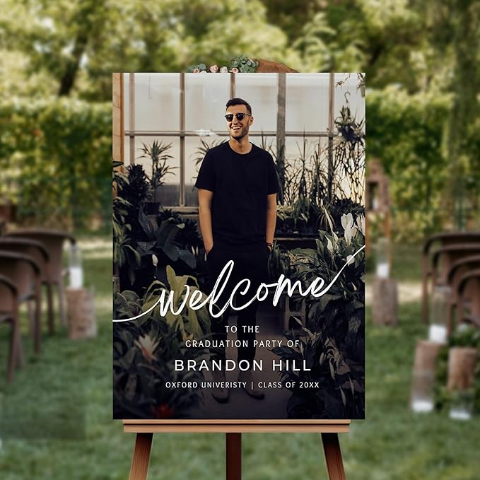 Graduation Welcome Sign With Photo, Custom Grad Party Welcome Sign, 18" x 27", Plastic, Classic Style