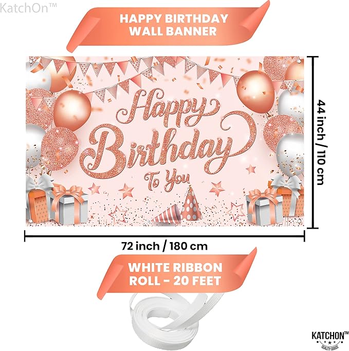 KatchOn, Rose Gold Happy Birthday Banner - XtraLarge 72x44 Inch | Happy Birthday Decorations for Girls, Women | Hbd Banner for Rose Gold Party Decoration