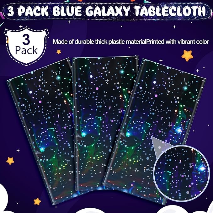 3Pcs Iridescent Space Tablecloths, Disposable Plastic Blue Galaxy Table Cloth Rectangle Table Covers for Space Starry Night Star Theme Party Birthday Party Decorations, 54x108 Inch