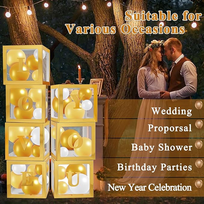 Ledido Gold Transparent Balloon Boxes With 78 Letters Numbers, Baby Boxes with Letters for Baby Shower Clear Letter Boxes for Party Graduation Wedding Birthday Baby Shower Decorations 7 PCS