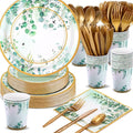 350 Pcs Tea Party Supplies Spring Summer Sage Green Tableware Set Disposable Plates Napkins Paper Cups Plastic Cutlery Set for Birthday Bridal Baby Shower Serves 50