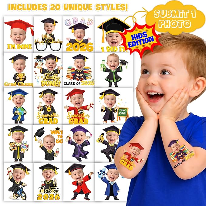 Custom Graduation Temporary Tattoos for Kids - Personalized Pre-Cut Face Photo Tattoos - Fun Birthday Party Favors for Boys Girls, Graduation Day - Set of 20 Unique Celebration Gifts
