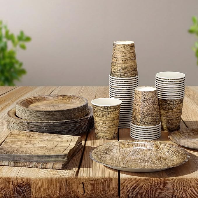 250 Pieces Rustic Wood Grain Party Tableware Set - Disposable Paper Plates, Cups & Napkins for 50 Guests - Lumberjack, Farmhouse, Camping, Forest Theme Birthday Decorations(Grey)