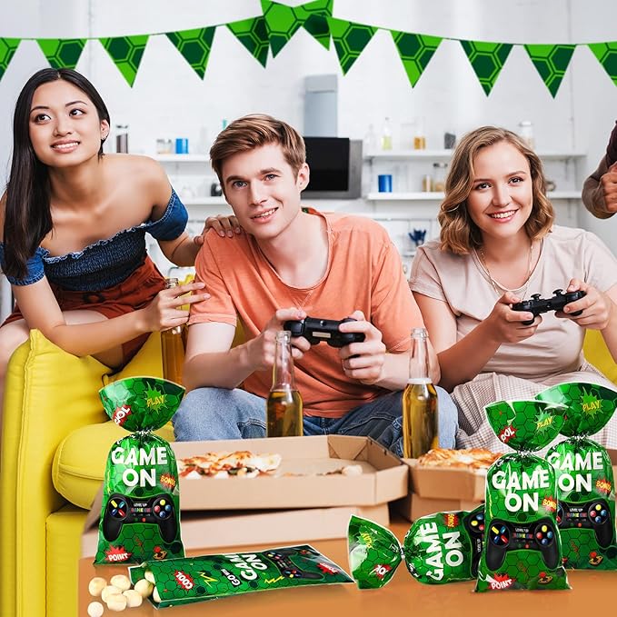 Pajean 100pcs Video Game Plastic Loot Bags Game on Favor Goody Candy Treat Bags for Themed Birthday Party(Green)