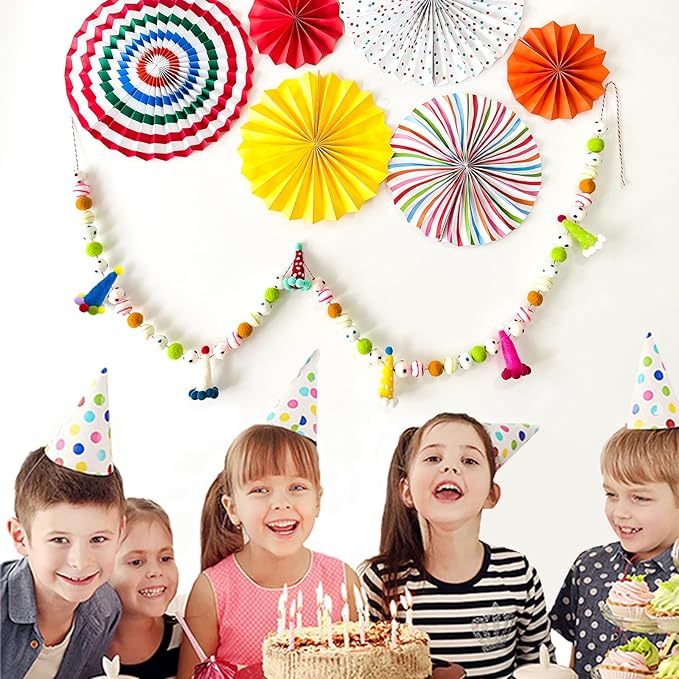 Pre-Strung Personalized Felt Ball Garland, Reusable Happy Birthday Banner, Rainbow Felt Garland, Colorful Birthday Decorations, Cute Party Hats for Birthday Holiday Party Home Wall Mantel Decor
