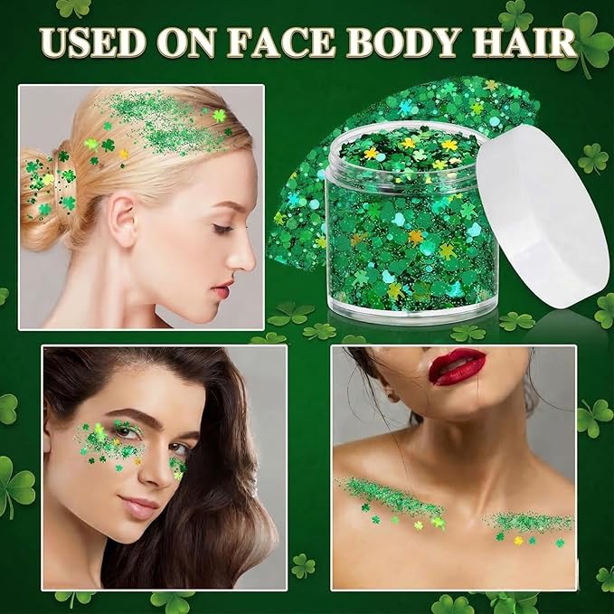 Green Face Hair Glitter,St Patricks Day Holographic Shamrock Green Body Glitter,Rave Music Festival Accessories,St Patrick's Day Outfit for Women,Halloween Cosplay Shimmer Makeup