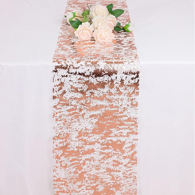 Snowkingdom Rose Gold Table Runner 11 Inch x 100 Feet Glitter Sequin Metallic Pink Thin Mesh Runner Sparkly Table Decorations for Birthday, Wedding, Bridal Shower, Baby Shower Party