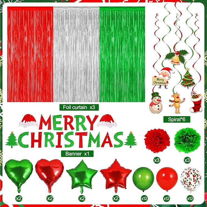 Merry Christmas Party Decorations Set Balloon Garland Arch Kit Balloons Merry Xmas Banner Red Green Foil Fringe Curtain Xmas Birthday Baby Shower Party Balloons Party Props for Photo Supplies