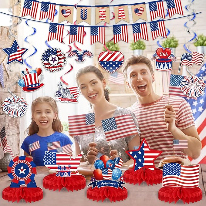 Blosssound 27 Pcs 4th of July Decorations Set Patriotic Party Decor American Flag Banner USA Hanging Swirls Independence Day Honeycomb Table Centerpieces for USA Office Home Memorial Day Supplies
