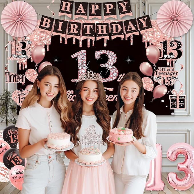 13th Birthday Decorations for Girls, Official Teenager Party Supplies, Black Rose Gold Banner Backdrop Numbers Foil Balloon Crown Sash Hanging Swirls Paper Fans for 13 Birthday Girl Decorations