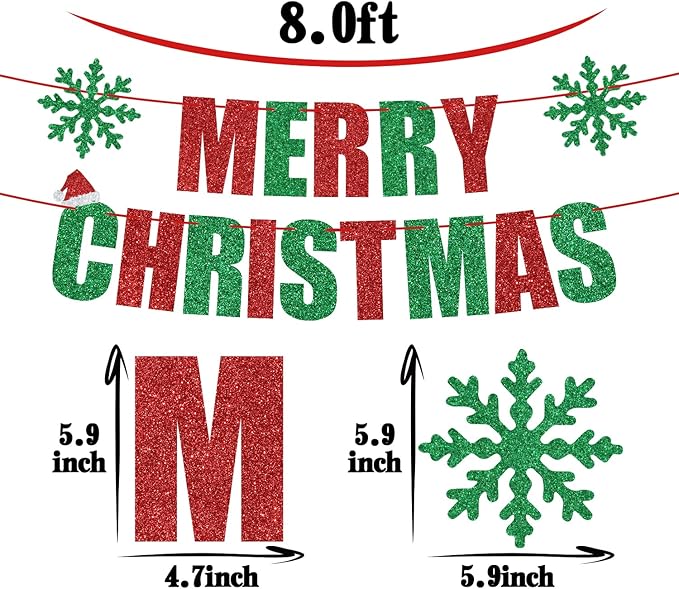 Red and Green Glitter Merry Christmas Banner, Feliz Navidad Banner Christmas Party Supplies, Indoor Xmas New Year Party Decorations Supplies
