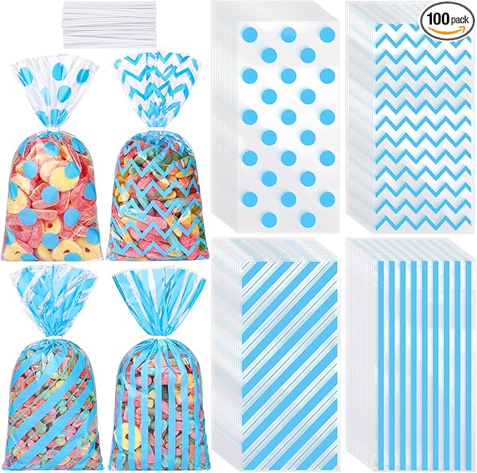 Aodaer 100 Pieces 10.6 x 5.1 In Blue Cellophane Bags Plastic Candy Bags Cellophane Treat Bag Polka Dot Stripes Printed Pattern Goodie Gift Bag with Twist Ties for Birthday, Baby Showers, Weddings Party Supplies