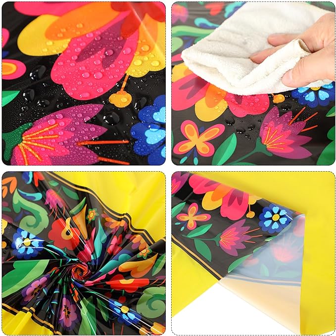 Oudain 12 Pcs Fiesta Tablecloth 108 x 54 Inch Plastic Tablecover Mexican Waterproof Tablecloth Disposable Table Cover for Taco Night Festive Mexican Fiesta Wedding Party Decoration (Colorful)