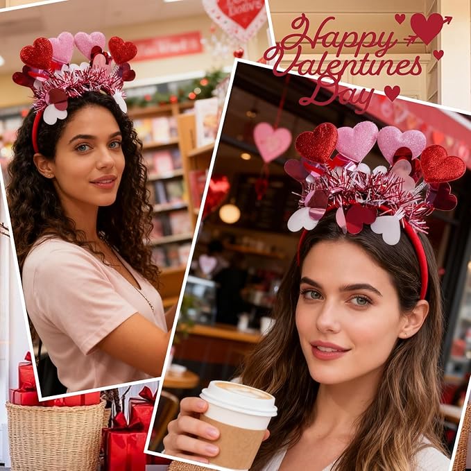 1pcs Valentines Headband Red Heart Headbands with Sequin Heart Hair Accessories Shiny Pink Tassel Head Bopper for Valentines Holiday Wedding Birthday Costume Accessory