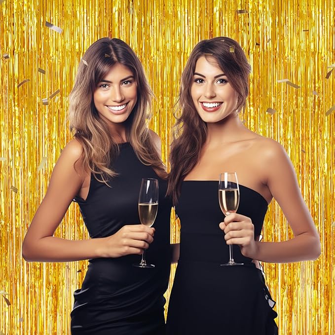 2 Pack Foil Fringe Backdrop - Gold Shiny Tinsel Curtains for Party Decoration/Photo Booth Props - 3.3x6.6 FT Metallic Foil Backdrop for Birthday, Wedding, Graduation, Christmas.