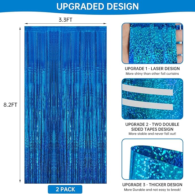 2 Pack 3.3 x 8.2 ft Tinsel Foil Fringe Curtain Backdrop, Upgraded Blue Glitter Metallic Streamers Backdrop Curtains for Birthday Parties, Baby Shower, Under the sea, Ocean Mermaid Party Decorations