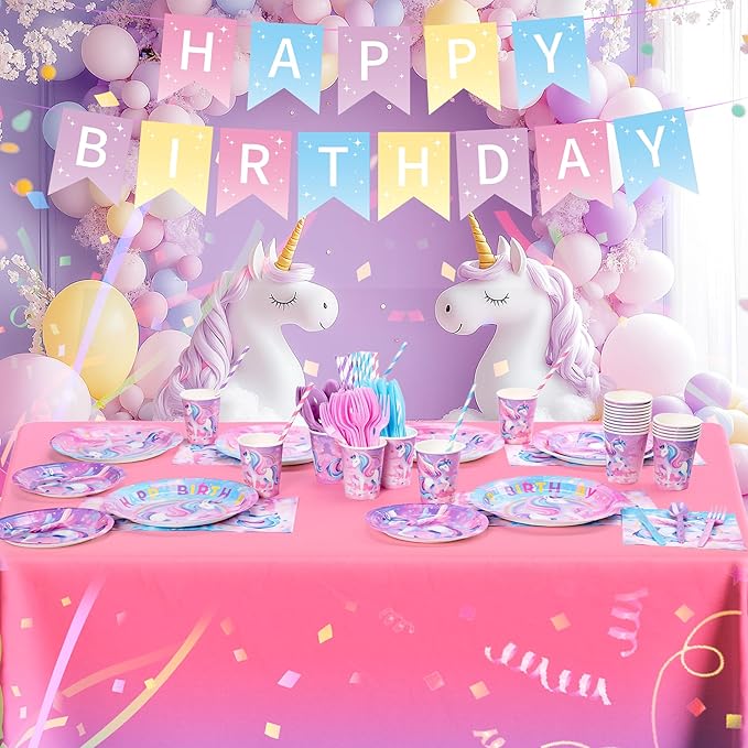 195Pcs Unicorn Birthday Party Supplies with Plates Cups Napkins Straws Cutlery, Unicorn Themed Birthday Decorations with Banner and Tablecloths, 24 Serves Unicorns Disposable Tableware Set for Party
