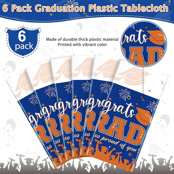 6Pack Graduation Tablecloth Party Decorations, Class of 2026 Congrats Grad Plastic Tablecover Party Supplies, Blue and Orange Rectangle Graduation Table Decor for College High School Party, 54x108Inch
