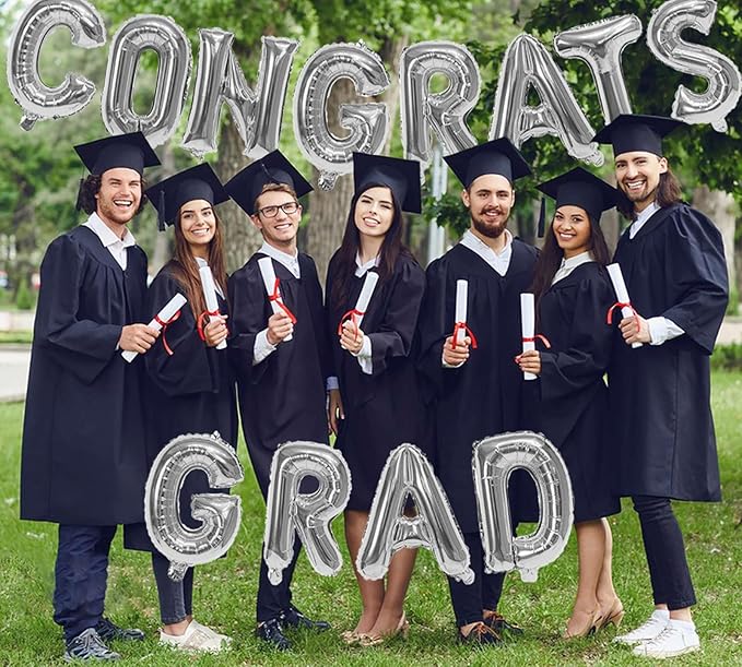 KALOR 16 Inch Silver Congrats Grad Banner Balloons, Silver Congrats Grad Letters Sign, Graduation Decorations 2026 for Graduation Party Decorations 2026