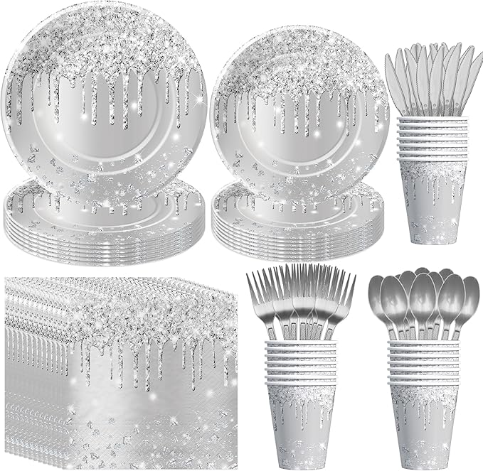 Silver Plates And Napkins Party Supplies - Silver Party Decorations Tableware For Birthday Bridal Shower, Paper Plate, Napkin, Cup, Cutlery, Diamonds Glitter Table Decorations | Serve 24