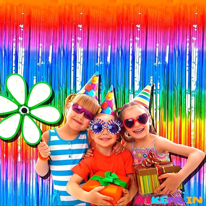 4 Pack 3.2Ft x 8.2Ft Rainbow Foil Fringe Curtain Backdrop, Metallic Tinsel Foil Fringe Streamers Curtains Background for Photo Booth, Birthday, Wedding, Disco, Bachelorette, Christmas Party Decoration