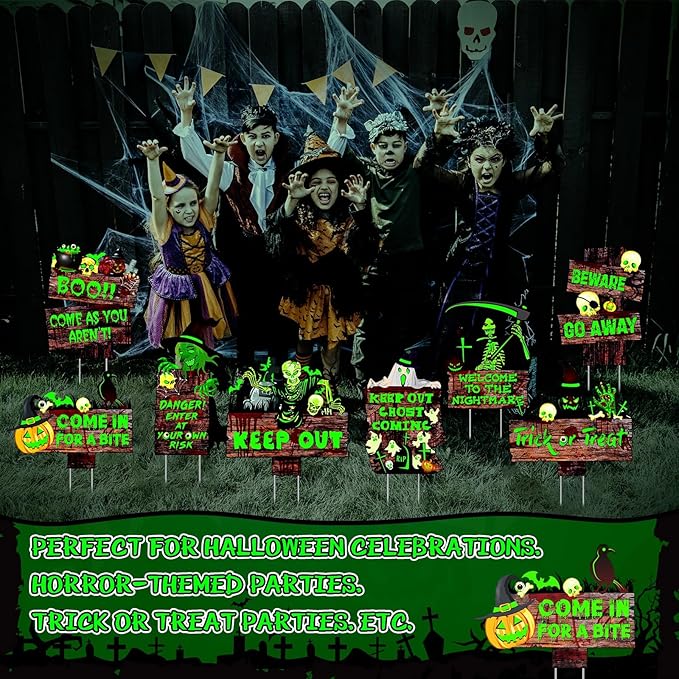 Jetec 8 Pcs Halloween Decorations Outdoor Glow in the Dark Beware Yard Signs Stakes Creepy Assorted Warning Sign Scary Zombie Theme Party Decor Supplies for Outdoor Lawn Yard Garden