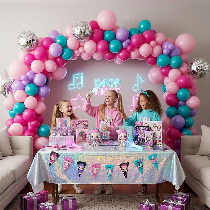 K-Pop Music themed Birthday Decorations with Hot Pink Teal Purple balloon arch & Artificial palm leaves for Girls Summer Tropical Hawaii music fans Prom Party Decorations