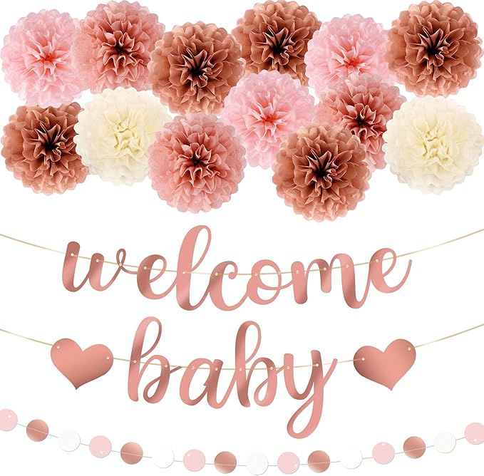 Kriyokiaa 15 Pcs Baby Shower Decorations for Girl Dark Rosegold Baby Shower Decorations with Welcome Baby Banners Paper Flower Pom Poms Perfect for Indoor & Outdoor Celebrations