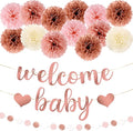 Kriyokiaa 15 Pcs Baby Shower Decorations for Girl Dark Rosegold Baby Shower Decorations with Welcome Baby Banners Paper Flower Pom Poms Perfect for Indoor & Outdoor Celebrations