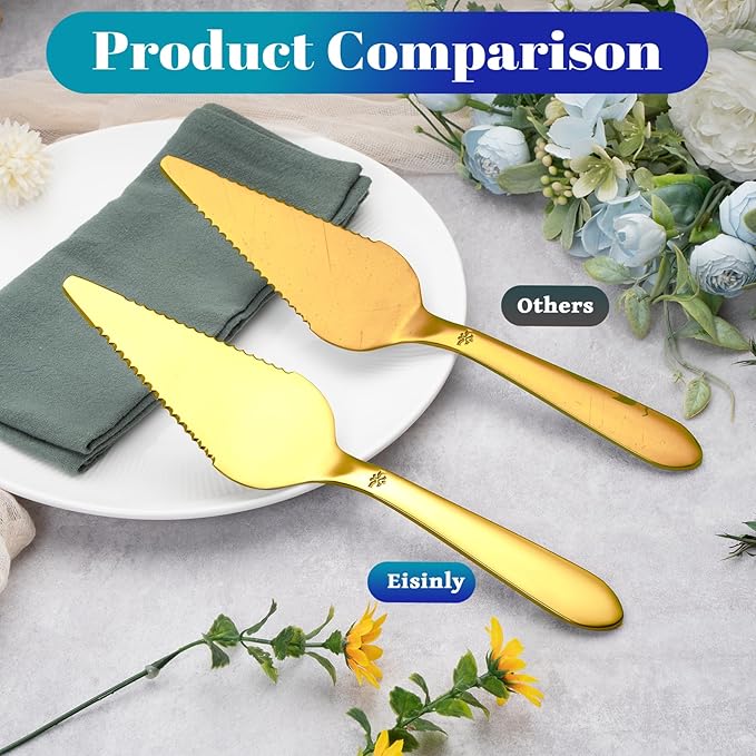 Cake Pie Server Set for Wedding, Elegant Pizza Slicer Server Set with Stainless Steel Big Serrated Edges, Cake Cutter Pie Spatula for Birthday Anniversary, 2 Pcs, Gold