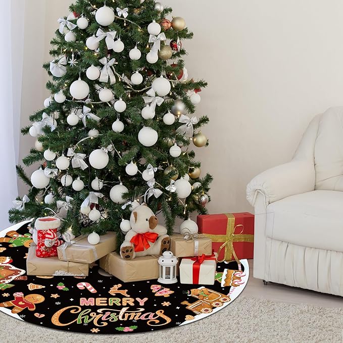Capoda Black Christmas Tree Skirt Gingerbread Man Candy Christmas Tree Skirt 48 Inch Xmas Tree Mat Gingerbread Christmas Tree Skirts Mat for Holiday Christmas Party Decorations Indoor Outdoor