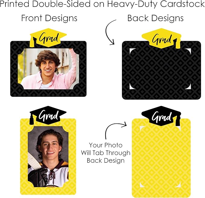 Big Dot of Happiness Yellow Graduation Photo Display Centerpiece Kit - 15 Double-Sided Photo Table Topper Sticks, Vertical and Horizontal 4x6 Picture Holders, DIY Party Decoration Set