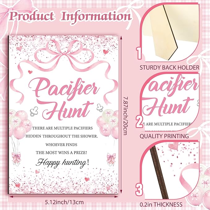 Thyle 51 Pcs Pink Bow Pacifier Hunt Baby Shower Games Include Hunt Sign and 50 Acrylic Pacifiers Coquette Bow Themed Baby Shower Game Decoration Gift Sets for Girls Gender Reveal Party Decor